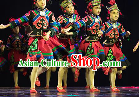 Chinese Yi Minority Children Dress Uniforms Ethnic Performance Garment Costumes Xiangxi Nationality Girl Folk Dance Clothing