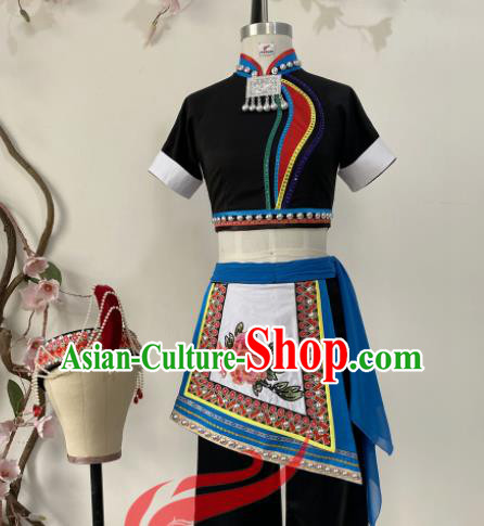 Chinese She Nationality Woman Clothing Ethnic Folk Dance Black Uniforms Minority Performance Garment Costumes