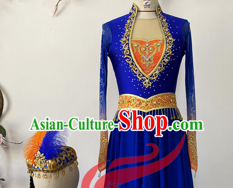 Chinese Uyghur Minority Performance Garment Costumes Uighur Nationality Woman Clothing Xinjiang Ethnic Folk Dance Royalblue  Dress Uniforms