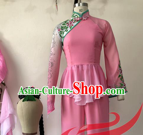 China Woman Group Dance Apparels Jiaozhou Yangko Dance Pink Uniforms Fan Dance Costumes Folk Dance Outfits