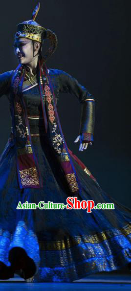 Chinese Mongolian Minority Performance Garment Costumes Mongol Nationality Woman Dance Clothing Ethnic Dance Black Dress Uniforms and Hat