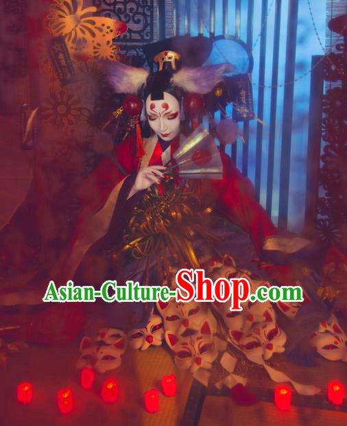 Custom Japanese Queen Kimono Clothing Cosplay Onmyoji Red Dress Halloween Garment Costume