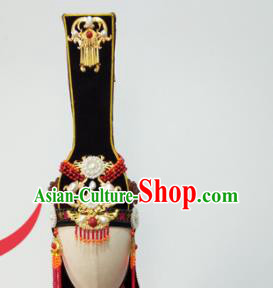 Top China Minority Performance Headwear Mongol Nationality Dance Black Hat Ethnic Wedding Bride Tassel Headdress