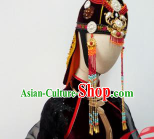 Top China Minority Performance Headwear Mongol Nationality Dance Black Hat Ethnic Wedding Bride Tassel Headdress