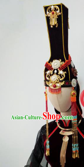 Top China Minority Performance Headwear Mongol Nationality Dance Black Hat Ethnic Wedding Bride Tassel Headdress
