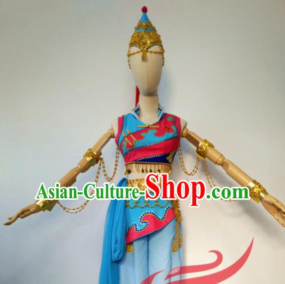 Chinese Ethnic Dance Blue Uniforms Mongol Minority Performance Garment Costumes Mongolian Nationality Female Solo Dance Clothing