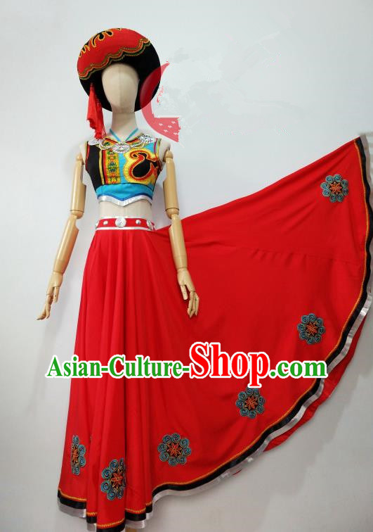 Chinese Yi Minority Performance Garment Costumes Xiangxi Nationality Female Wedding Clothing Ethnic Dance Red Dress Uniforms and Hat