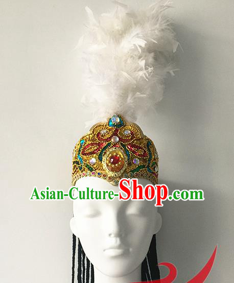Top China Xinjiang Minority Female Feather Hat Ethnic Stage Performance Headwear Uyghur Nationality Folk Dance Hair Accessories