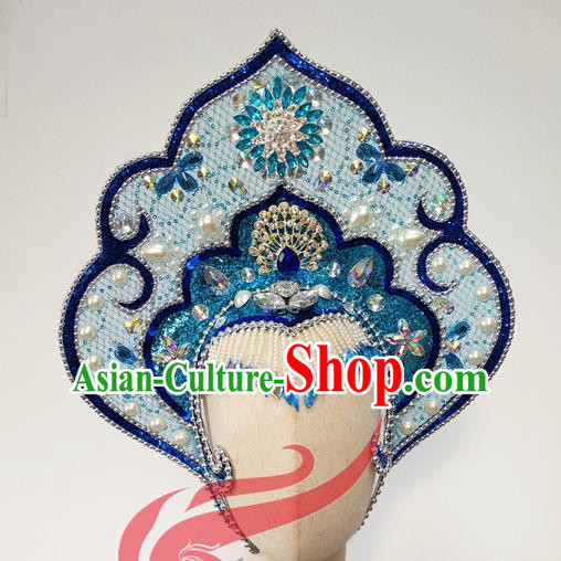 Top China Opening Dance Blue Hair Crown Woman Group Peony Dance Hair Accessories Spring Festival Gala Stage Performance Headdress