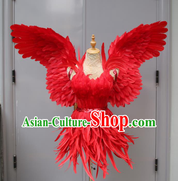 Top Samba Dance Red Feather Dress with Wings Miami Catwalks Costumes Stage Show Clothing Brazilian Carnival Garments
