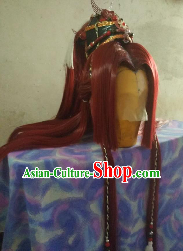 Handmade China Cosplay Young General Hairpieces Traditional Puppet Show Warrior Headdress Ancient Swordsman Red Wigs and Hair Crown