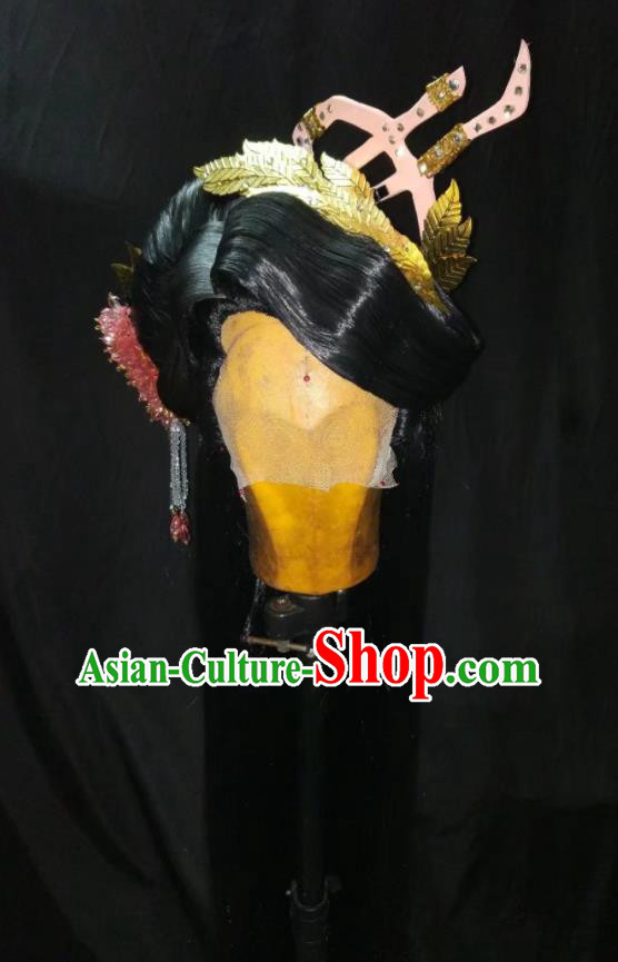 Chinese Ancient Heroine Hairpieces Cosplay Fairy Hair Accessories Traditional Puppet Show Princess Han Yancui Black Wigs and Hair Crown