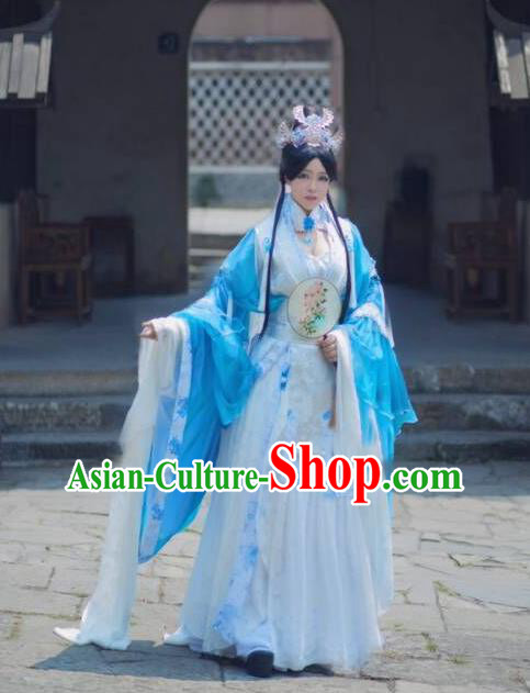China Traditional Puppet Show Swordswoman Feng Cailing Garment Costumes Ancient Fairy Clothing Cosplay Princess Blue Dress Outfits