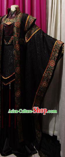 Chinese Ancient Noble King Black Robe Uniforms Traditional Cosplay Swordsman Clothing Puppet Show Emperor Shangguan Hongxin Garment Costumes