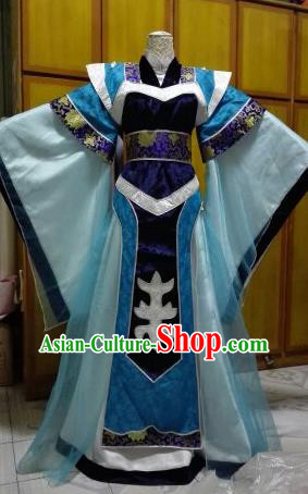 Chinese Ancient Emperor Blue Robe Uniforms Traditional Cosplay Swordsman Clothing Puppet Show Wen King Garment Costumes