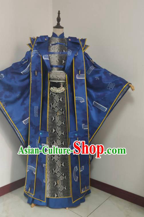 Chinese Traditional Cosplay Swordsman King Clothing Puppet Show Royal Highness Garment Costumes Ancient Emperor Blue Uniforms
