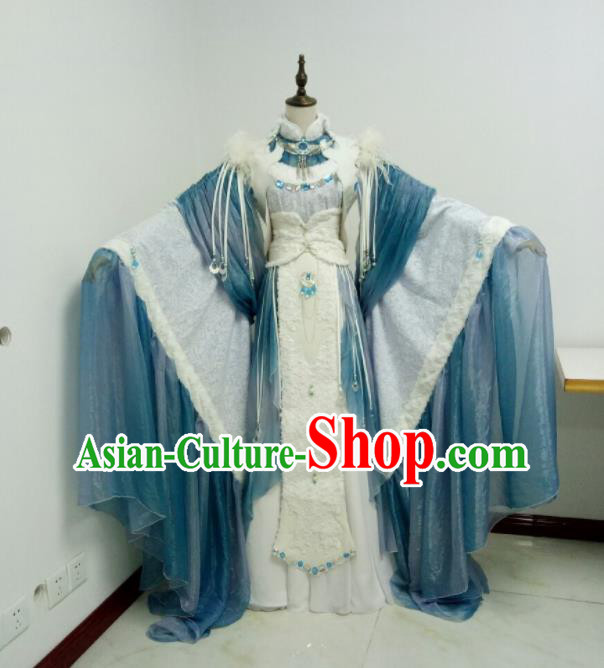 China Traditional Puppet Show Queen Ji Wuxia Garment Costumes Ancient Empress Clothing Cosplay Goddess Blue Dress Outfits