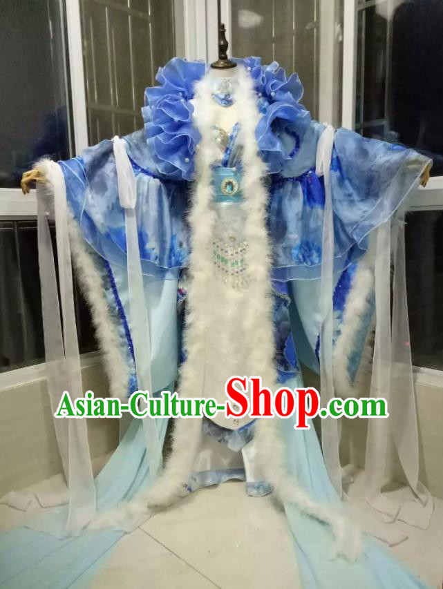 China Cosplay Goddess Queen Blue Dress Outfits Traditional Puppet Show Empress Garment Costumes Ancient Beauty Winter Clothing