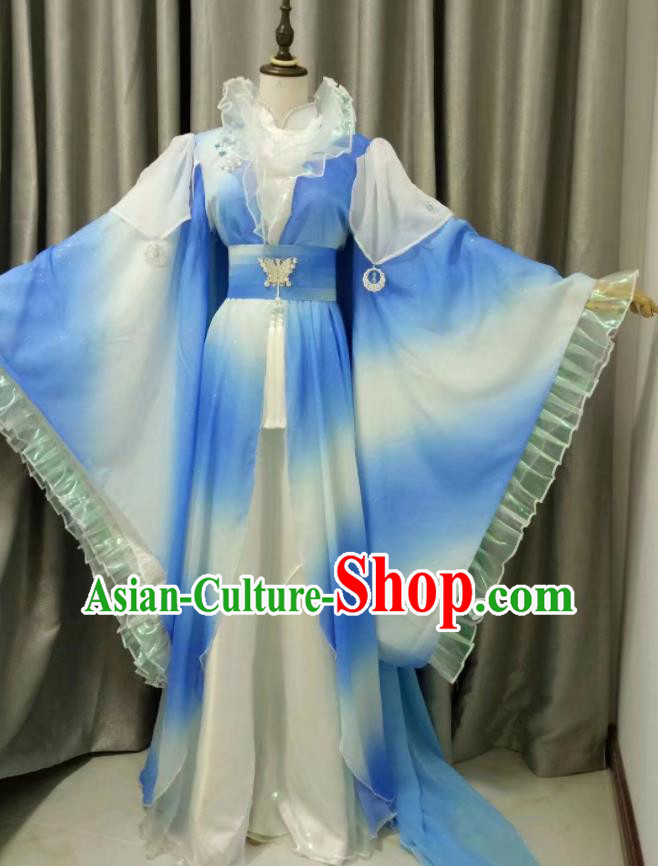 China Ancient Princess Clothing Cosplay Young Beauty Blue Dress Outfits Traditional Puppet Show Empress Jun Haitang Garment Costumes