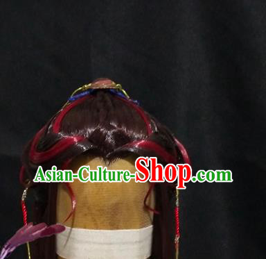 Handmade China Ancient Swordsman Hairpieces Cosplay Young Hero Brown Wigs and Hair Crown Traditional Puppet Show Knight Headdress