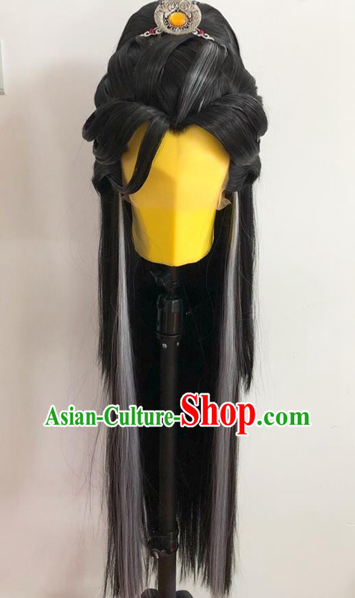 Chinese Cosplay Swordswoman Black Wigs and Hairpins Ancient Female Knight Headdress Traditional Puppet Show Ding Lingshuang Hairpieces