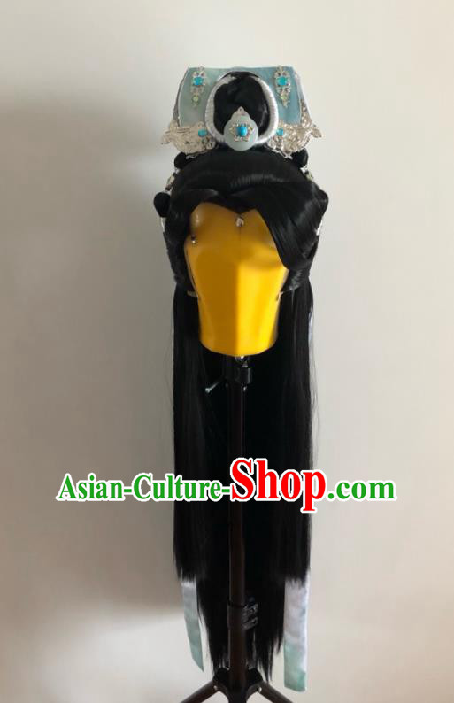Handmade China Ancient Swordsman Headdress Cosplay Young Knight Black Wigs and Hair Crown Traditional Puppet Show Su Huanzhen Hairpieces