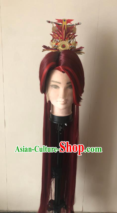 Handmade China Ancient Swordsman Headdress Cosplay Noble Childe Red Wigs and Hair Crown Traditional Puppet Show Prince Hairpieces