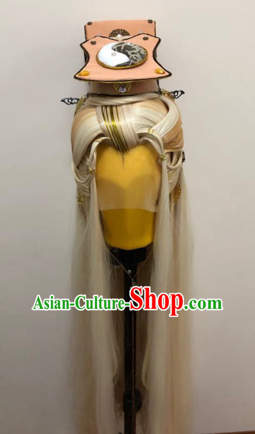 Handmade China Ancient Emperor Headdress Cosplay Swordsman Golden Wigs and Hair Crown Traditional Puppet Show Taoist Juan Shoutian Hairpieces
