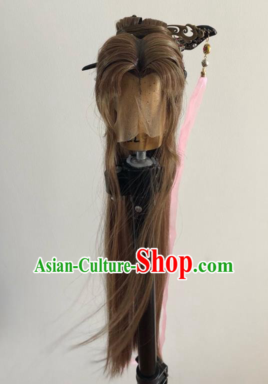 Chinese Traditional Puppet Show Han Yancui Hair Accessories Cosplay Swordswoman Brown Wigs and Hairpins Hairpieces Ancient Taoist Nun Headdress