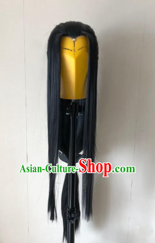 Handmade China Traditional Puppet Show Chivalrous Male Hairpieces Ancient Young Swordsman Headdress Cosplay Knight Hero Black Wigs