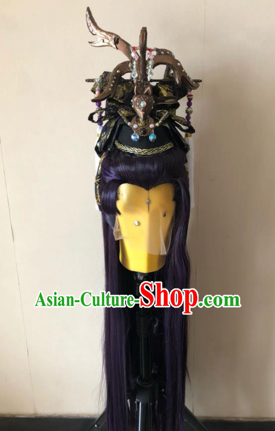 Handmade China Ancient Chivalrous Swordsman Headdress Cosplay Young Knight Purple Wigs Traditional Puppet Show Royal Prince Hairpieces
