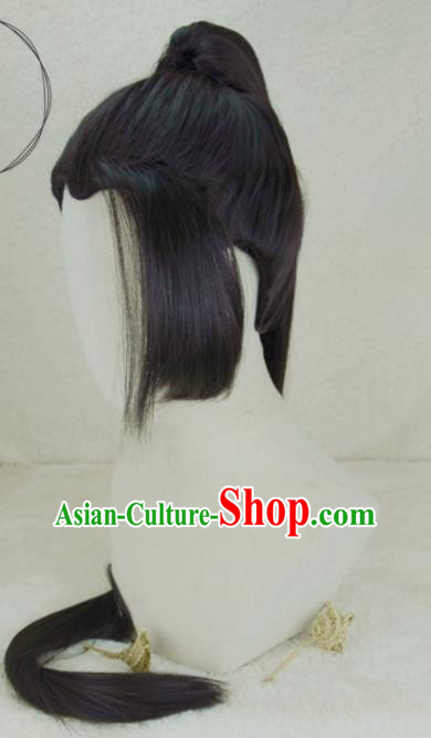 Handmade China Ancient Chivalrous Knight Headdress Cosplay Swordsman Black Long Wigs Traditional Hanfu Young Childe Hairpieces