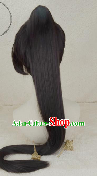 Handmade China Ancient Chivalrous Knight Headdress Cosplay Swordsman Black Long Wigs Traditional Hanfu Young Childe Hairpieces