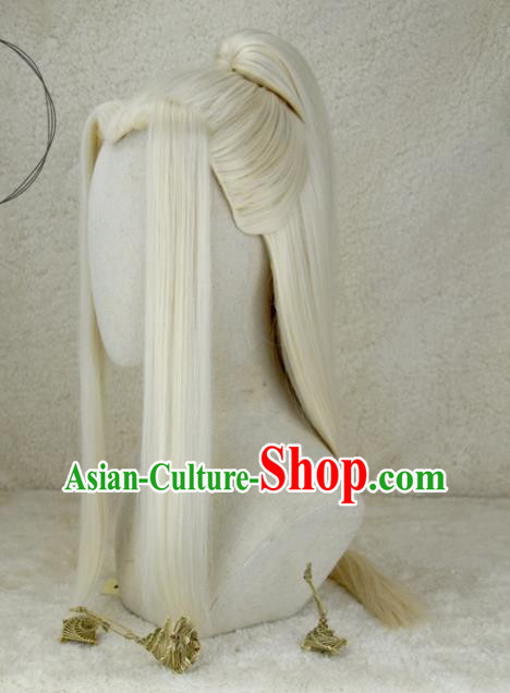 Handmade China Traditional Hanfu Adults Hairpieces Ancient Taoist Priest Headdress Cosplay Swordsman Light Golden Wigs