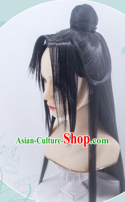 Handmade China Cosplay Swordsman Black Wigs Traditional Hanfu Hairpieces Ancient Taoist Priest Headdress