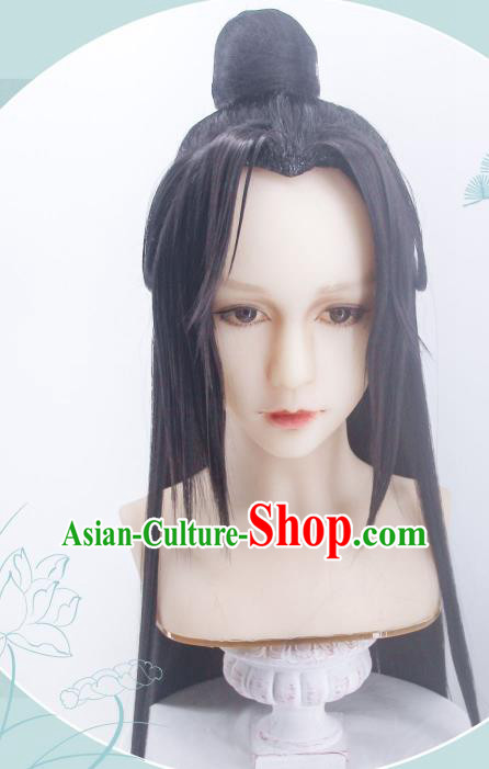 Handmade China Cosplay Swordsman Black Wigs Traditional Hanfu Hairpieces Ancient Taoist Priest Headdress