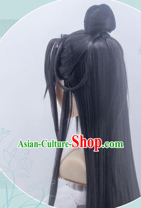 Handmade China Cosplay Swordsman Black Wigs Traditional Hanfu Hairpieces Ancient Taoist Priest Headdress