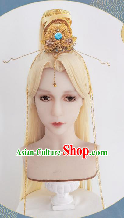 Handmade China Traditional Hanfu Emperor Hairpieces Ancient Taoist Priest Headdress Cosplay Heaven King Golden Wigs