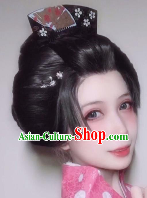 Chinese Ancient Young Woman Wigs Headwear Traditional Tang Dynasty Imperial Consort Hairpieces Cosplay Geisha Hair Accessories