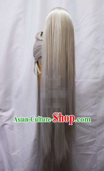 Handmade China Cosplay Taoist Priest Gray Wigs Traditional Puppet Show Royal King Hairpieces Ancient Swordsman Headdress