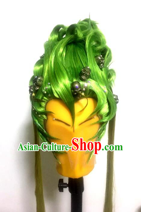 Handmade China Cosplay Demon Prince Green Wigs Traditional Puppet Show Young Knight Hairpieces Ancient Swordsman Headdress