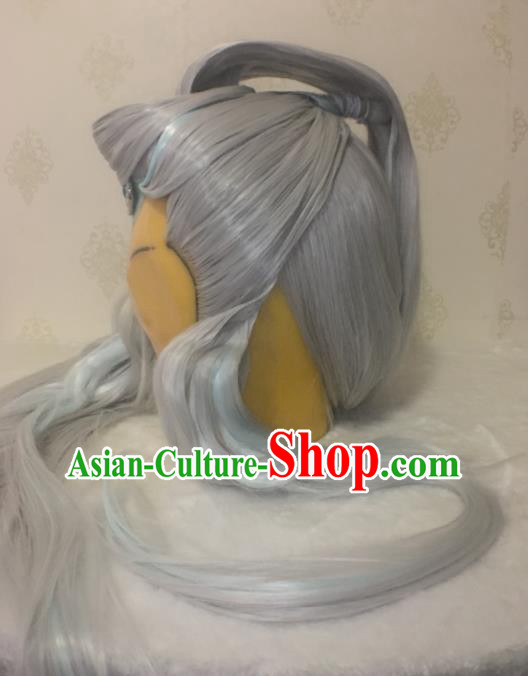 Handmade China Traditional Puppet Show Hairpieces Ancient Taoist Headdress Cosplay Swordsman Grey Wigs