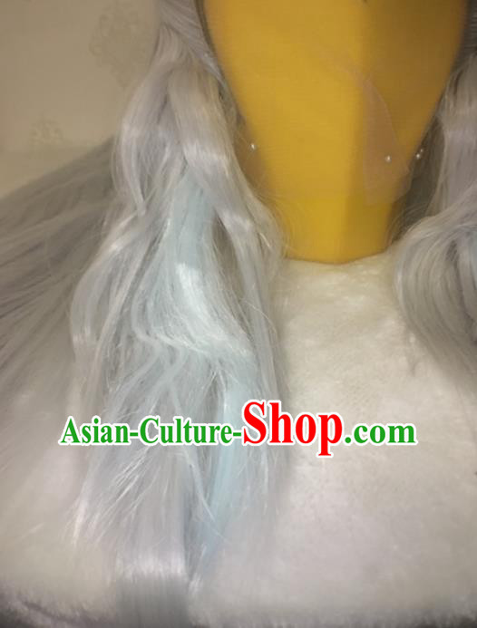 Handmade China Traditional Puppet Show Hairpieces Ancient Taoist Headdress Cosplay Swordsman Grey Wigs