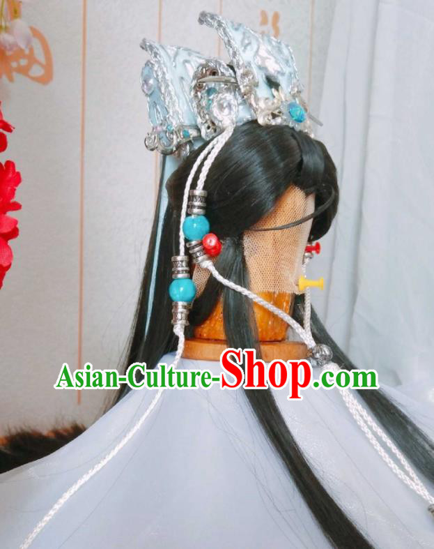 Handmade China Cosplay Swordsman Black Wigs and Hair Crown Traditional Puppet Show Yu Xiaoyao Hairpieces Ancient Noble Prince Headdress