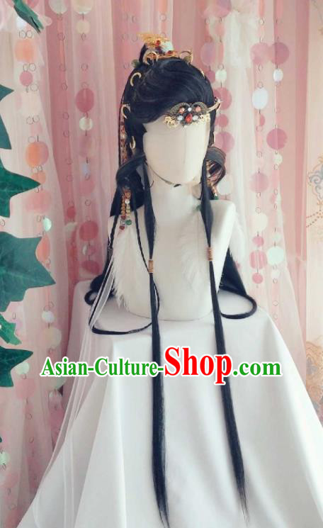 Handmade China Cosplay Royal Prince Wigs and Hair Crown Traditional Puppet Show King Beijing Hairpieces Ancient Chivalrous Swordsman Headdress