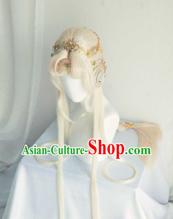 Chinese Cosplay Fairy Princess Hair Accessories Ancient Young Lady Light Golden Wigs Headwear Traditional Puppet Show Swordswoman Hairpieces
