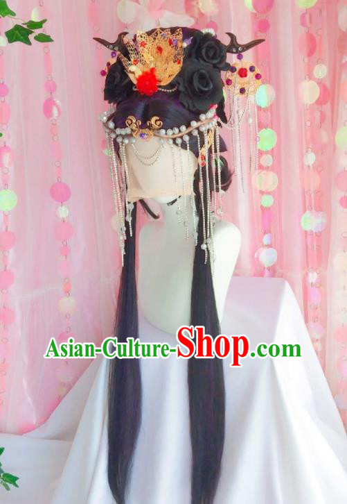 Chinese Ancient Empress Wigs and Hair Crown Headwear Traditional Puppet Show Goddess Hairpieces Cosplay Queen Hair Accessories
