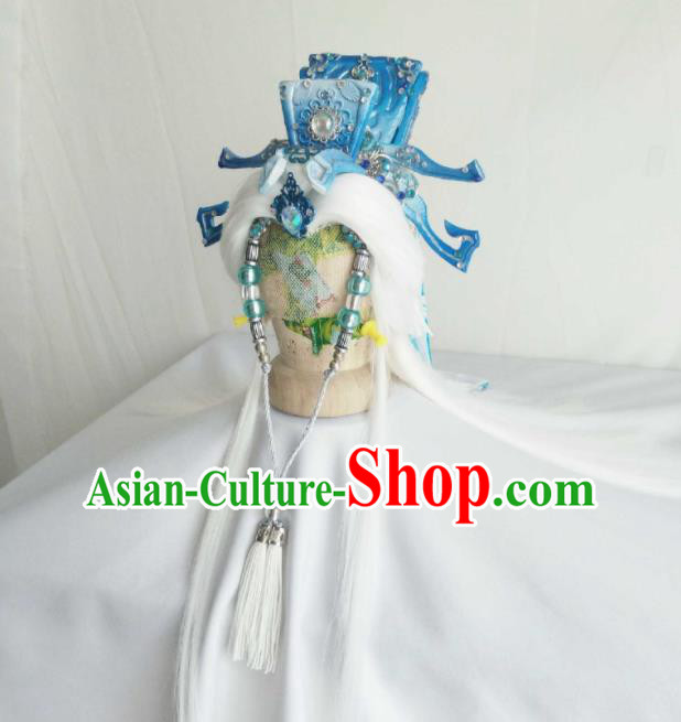Handmade China Cosplay Taoist Priest White Wigs and Hair Crown Traditional Puppet Show Swordsman Hairpieces Ancient Immortal Headdress
