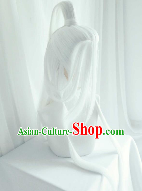 Handmade China Ancient Immortal Headdress Cosplay Taoist Priest White Wigs Traditional Puppet Show Swordsman Hairpieces