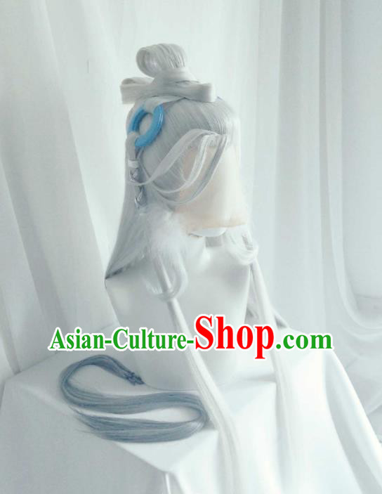 Handmade China Traditional Puppet Show Swordsman Hairpieces Ancient Immortal Headdress Cosplay Taoist Priest Grey Wigs